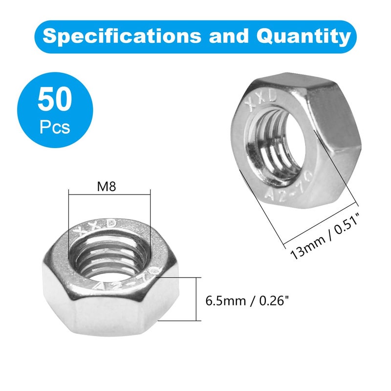 Yinpecly 50pcs M8-1.25 Hex Nut, 304 Stainless Steel Nuts,M8x1.25mm Hex Drive,Metric Coarse Thread Hexagon Nut,Small Nuts Fasteners, Right Hand, M8 Replacement Nut - Image 2